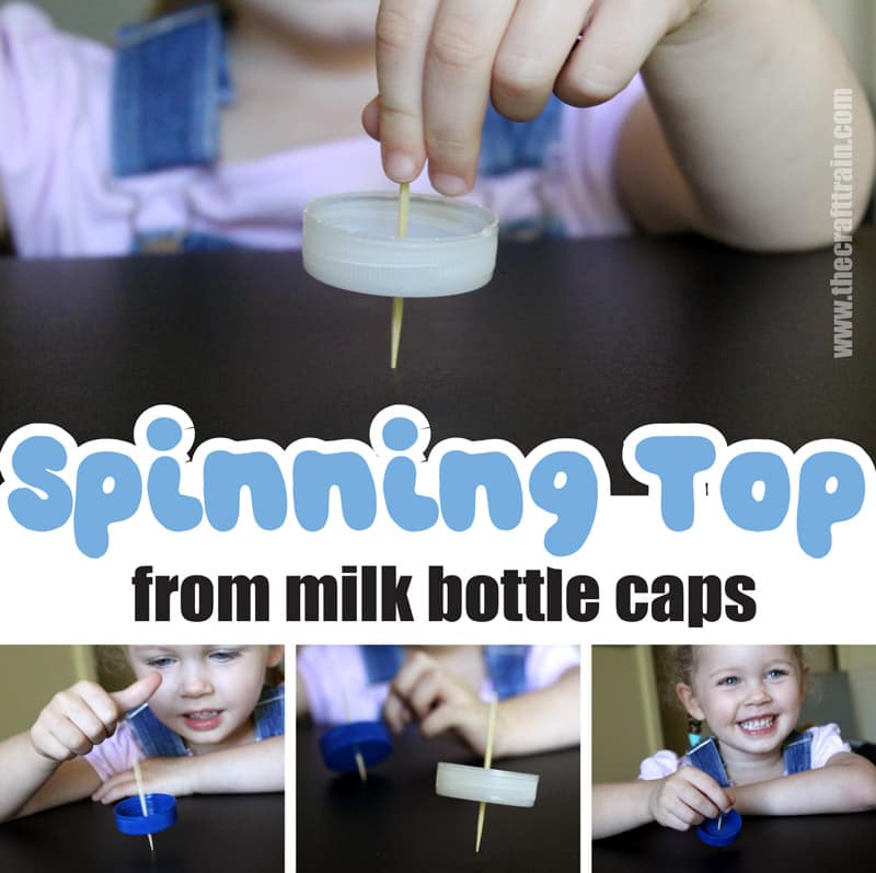 DIY spinning top craft from recycled bottle lids