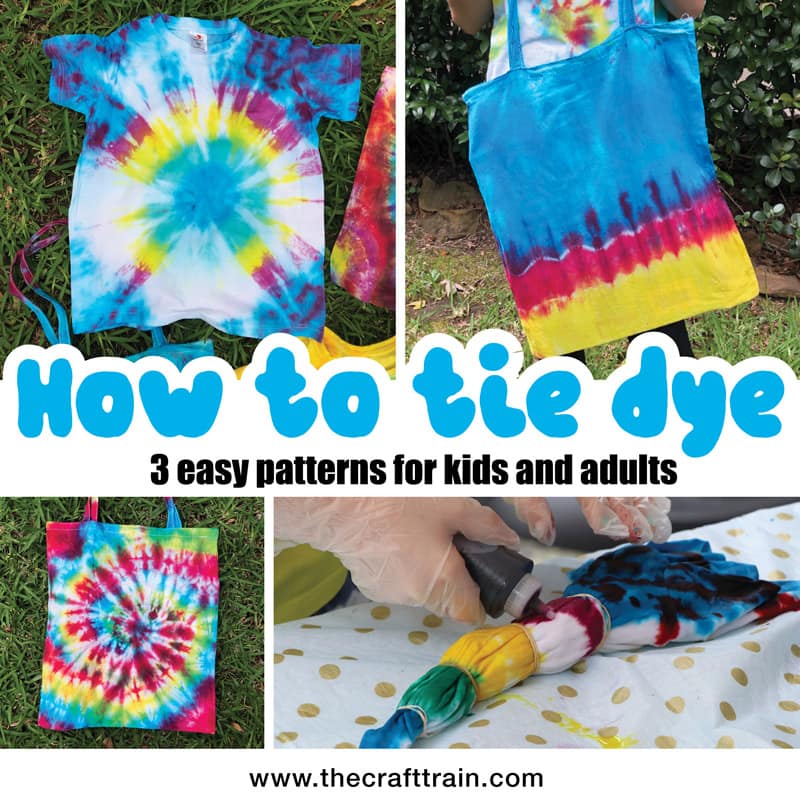How to tie dye – three easy tie dye patterns kids can do. The stripes, the swirl or spiral, and the starburst