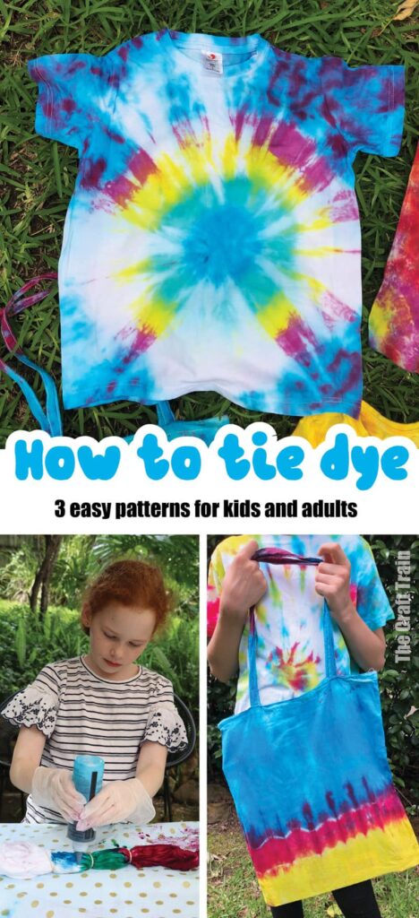 How to tie dye – three easy patterns kids can do. The swirl or spiral, the starburst, and the stripes