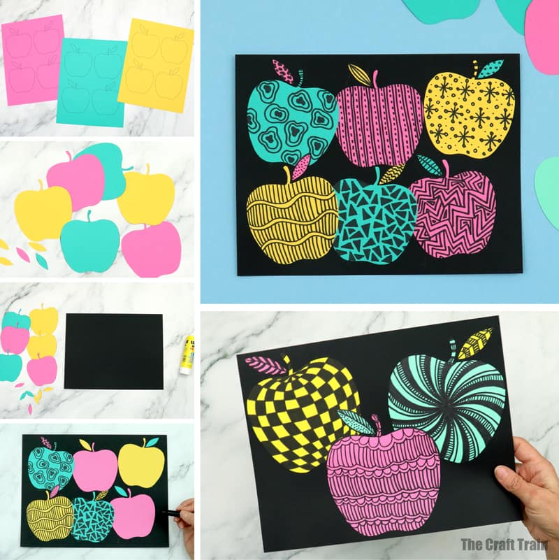 easy apple doodle art project for kids. Also called zentangle art. Printable apple template available