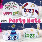 2023 party hats for new years eve free printable template with four designs to print and colour