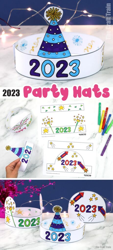 2023 party hat printable with free template. Four fun New Years Eve designs to bring in the year 2023, simply print, colour, and staple together