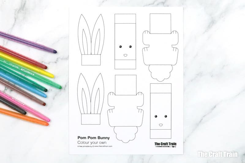 Printable pom pom bunny template in colour-your-own version