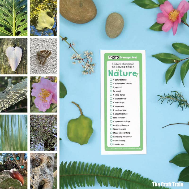 Nature scavenger hunt printable for kids with photo prompts