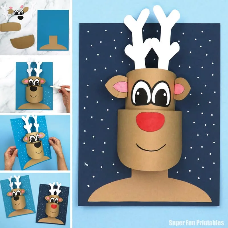 Printable 3D reindeer papercraft with template. Snowy background, great Christmas wall art idea and fun kids craft