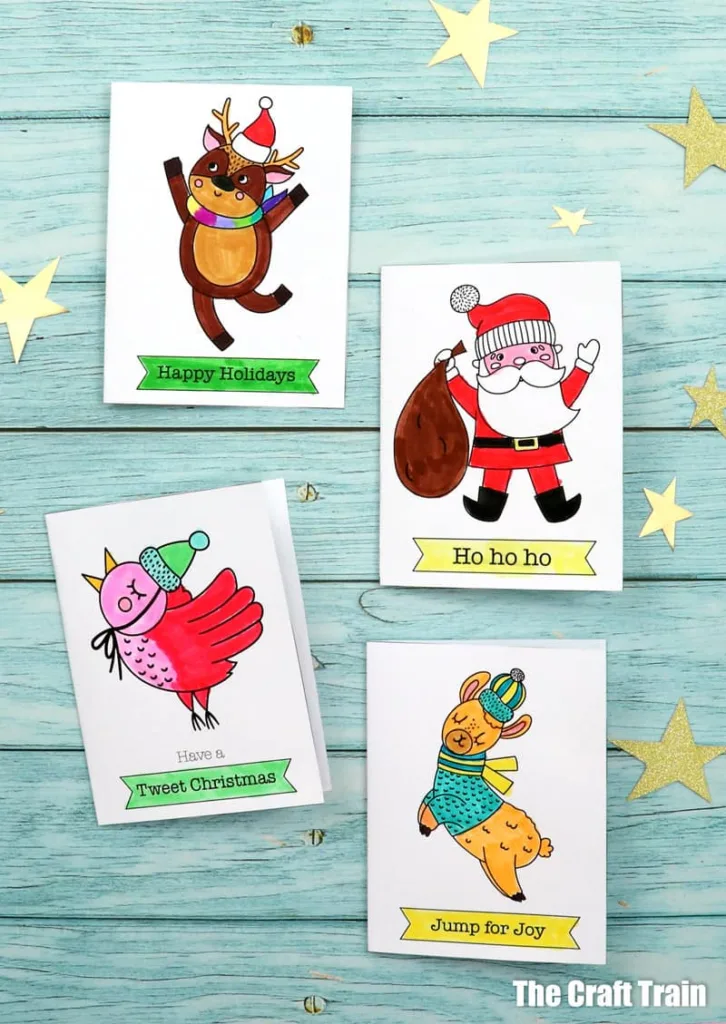 Printable Christmas coloring cards coloured in
