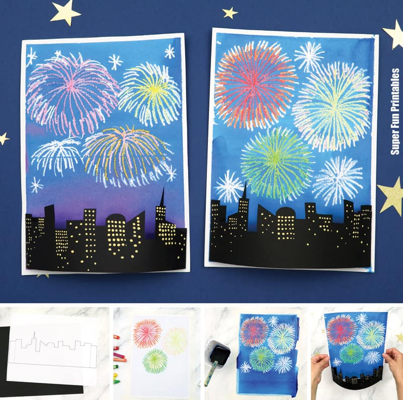 New year 3 fireworks art project for kids with printable template