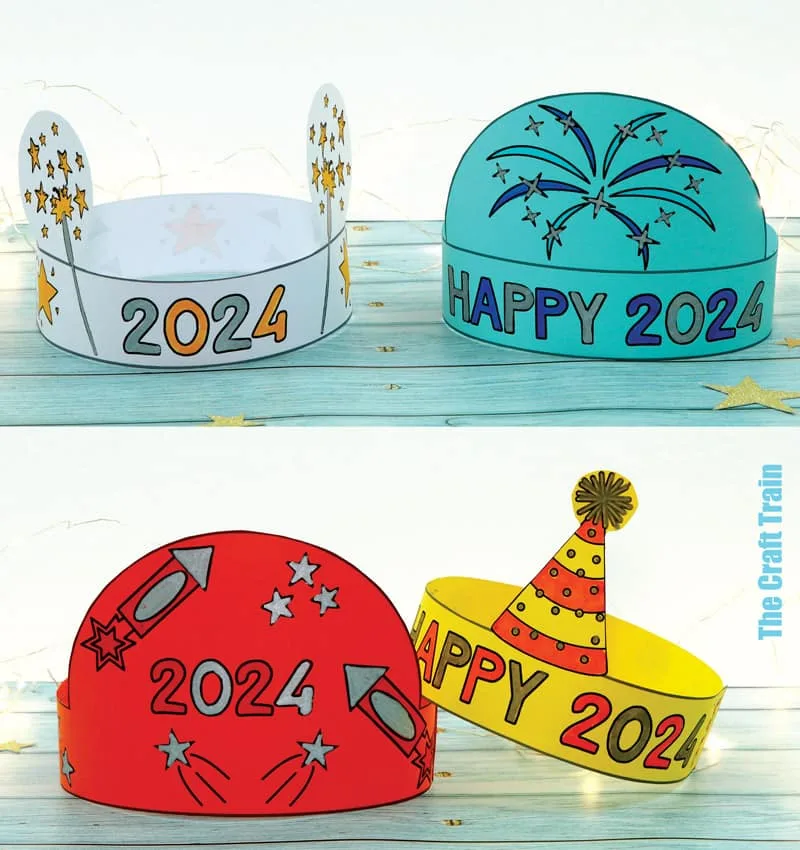 Printable party hats for kids for New year. Four desgns to choose from with free templates
