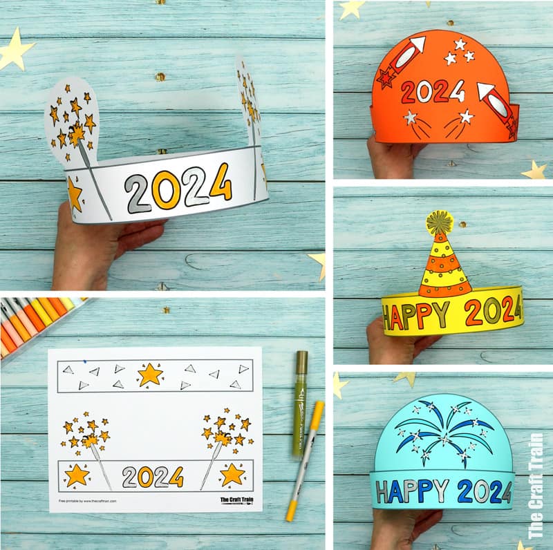 Happy 2024 party hats free printable template