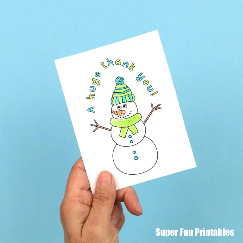 Printable snowman thank you card for kids to color