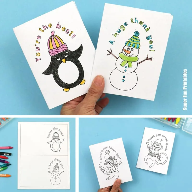 Printable thank you cards for kids to color after Christmas