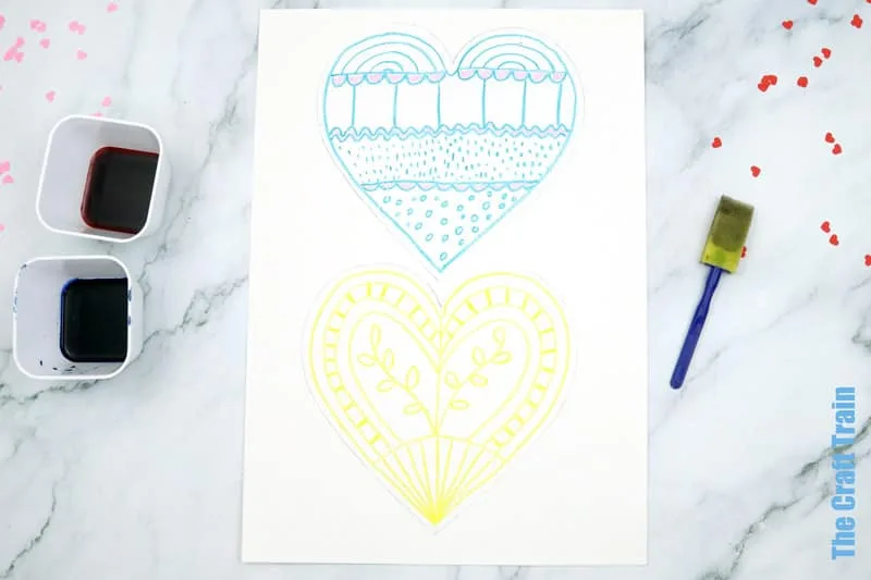 Process steps for crayon resist watercolour heart art