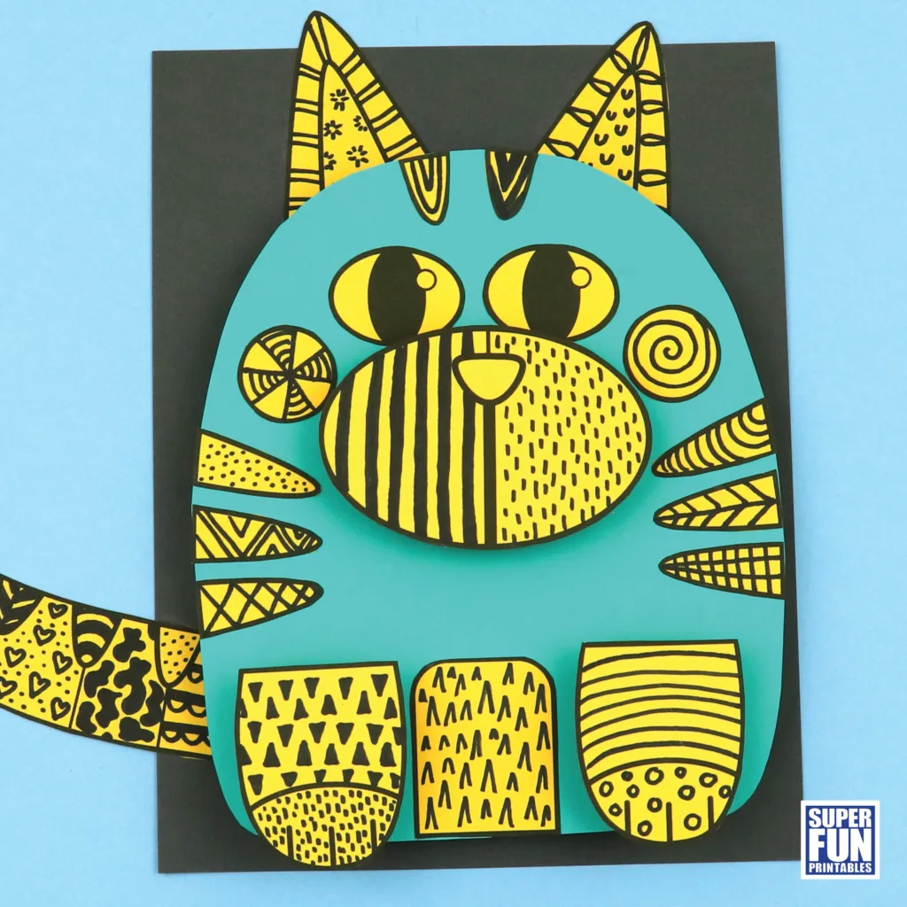 3D Pattern Cat Art Project for kids with printable template. Doodle cats with patterns and glue together with cool 3D effect