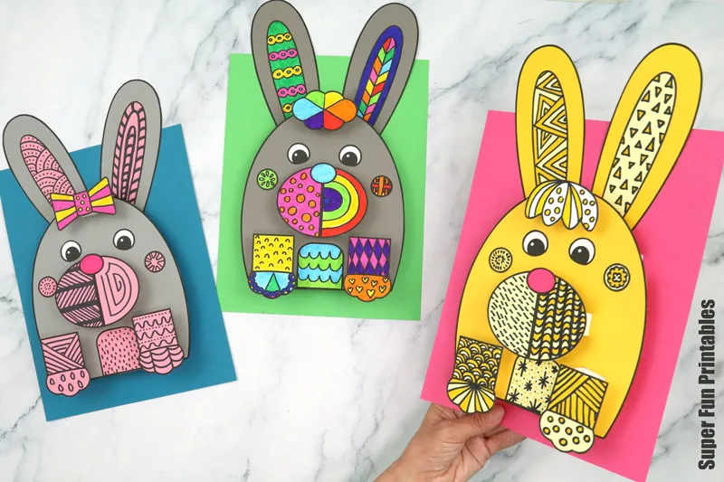 Doodle art bunny craft with 3D element. So cool for Easter or Spring