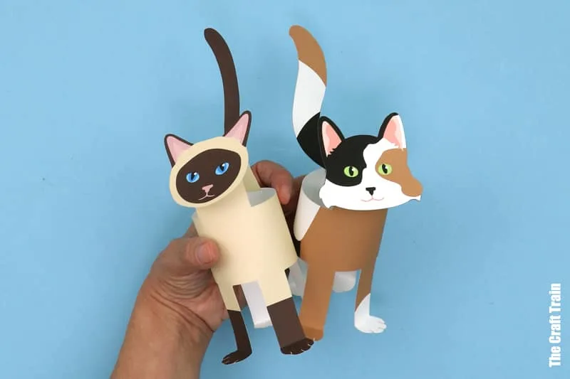 Printable paper cat craft for kids. Siamese and mixed breed cat. 