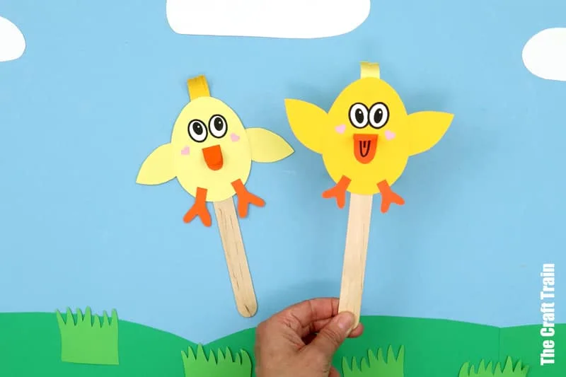 Chick puppets made from printable egg shapes. A fun and easy Easter craft for kids. 